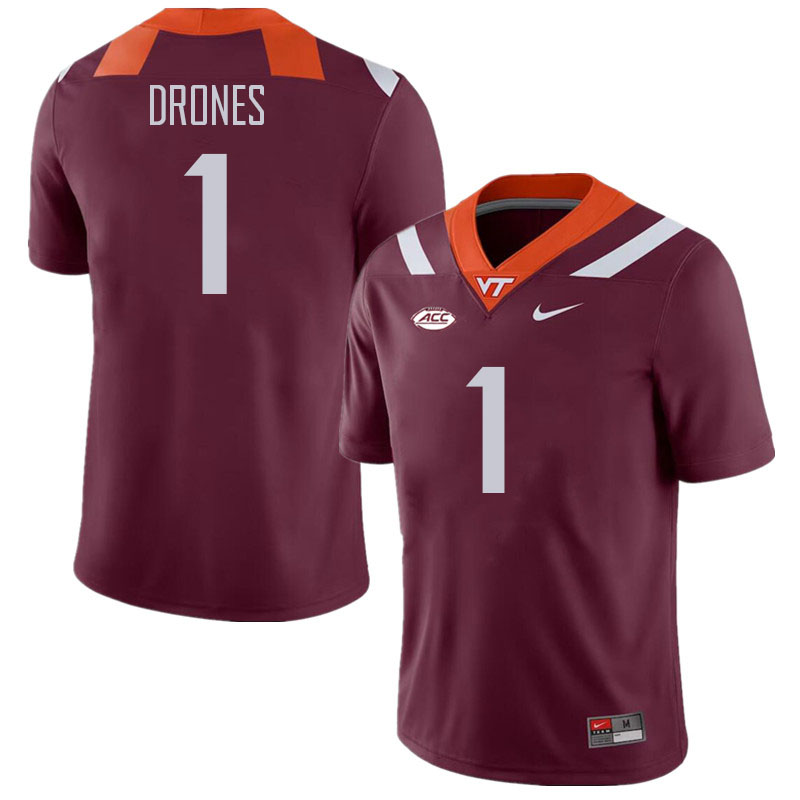 Men #1 Kyron Drones Virginia Tech Hokies College Football Jerseys Stitched Sale-Maroon - Click Image to Close